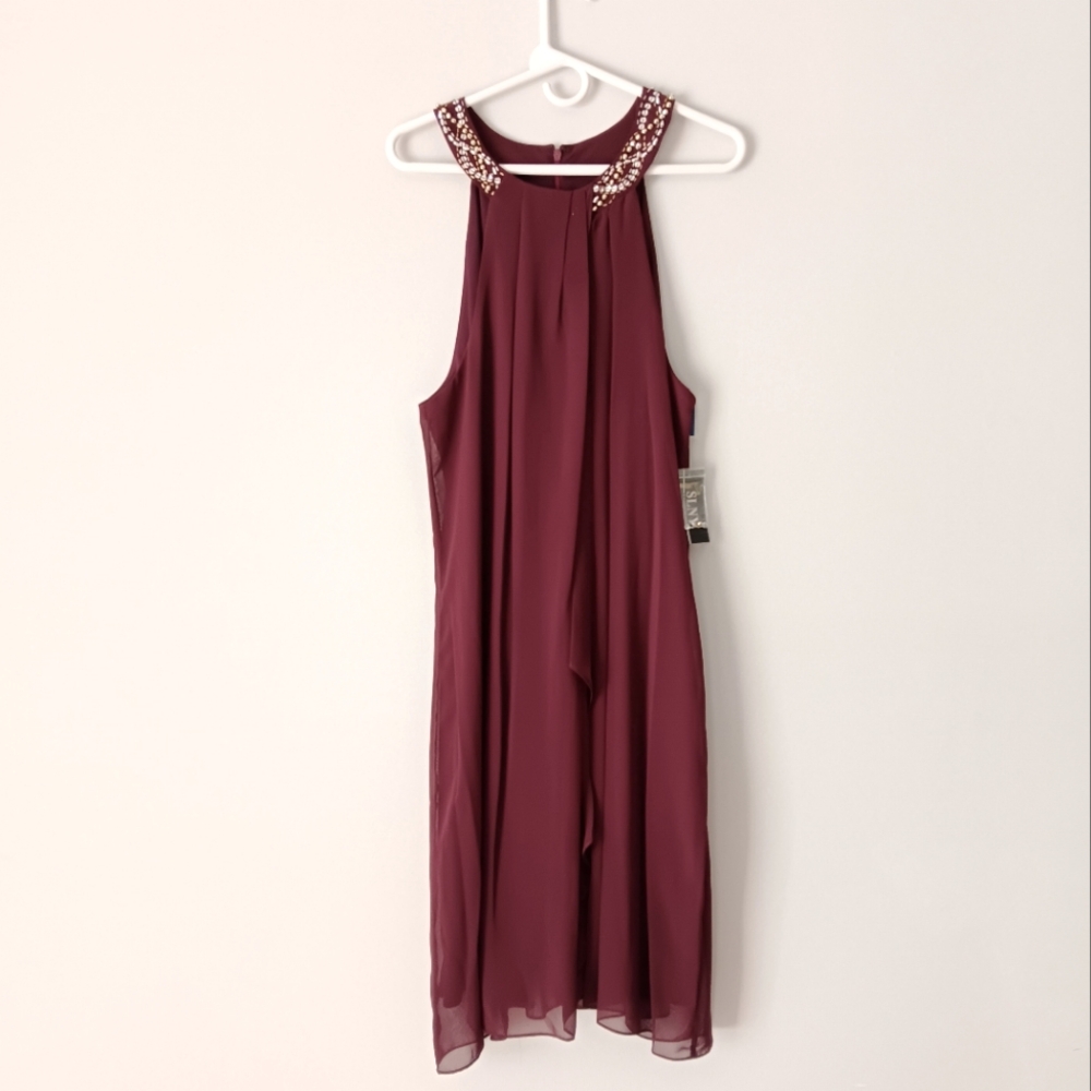 NEW SLNY Sleeveless Racerback Grecian Drape Column Dress Dark Plum Fig Size 16